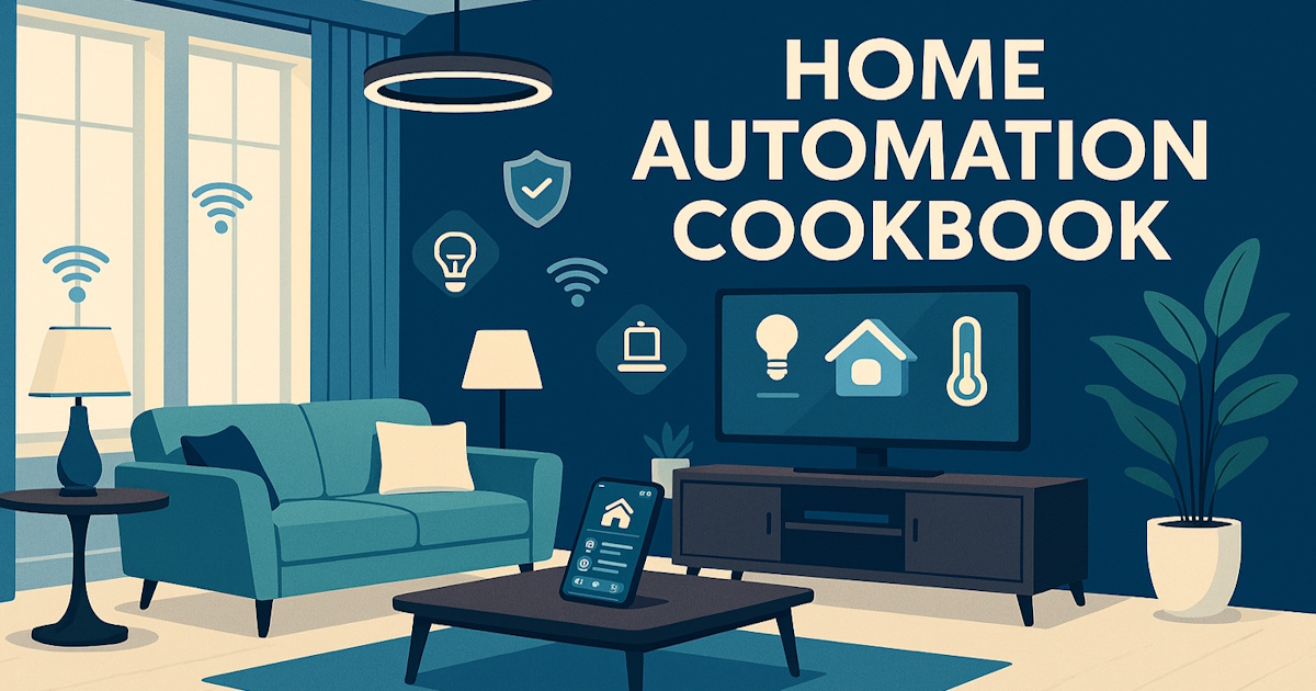 Illustration of a connected living room with automated lighting, climate, and entertainment